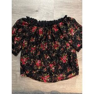 Black Floral Lace Off Shoulder Top Ruffle Trim 3/4 Sleeve‎ Size M sheer sleeves